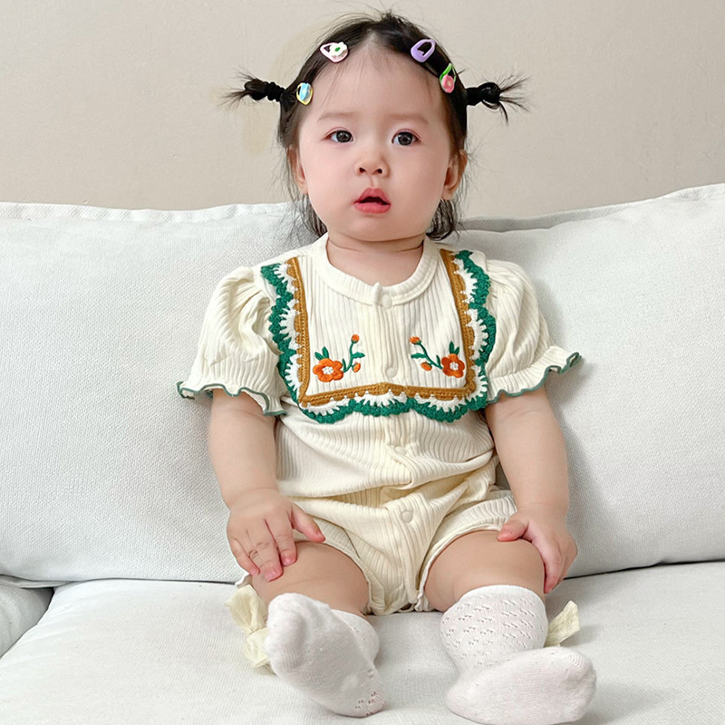 ฤดูร้อนใหม่เด็กสาวบอดี้สูทแขนสั้น0-24เดือนเด็กสไตล์จีนปักดอกไม้สุดน่ารักสไตล์เจ้าหญิง ชุดรอมเปอร์ สไตล์เกาหลี
