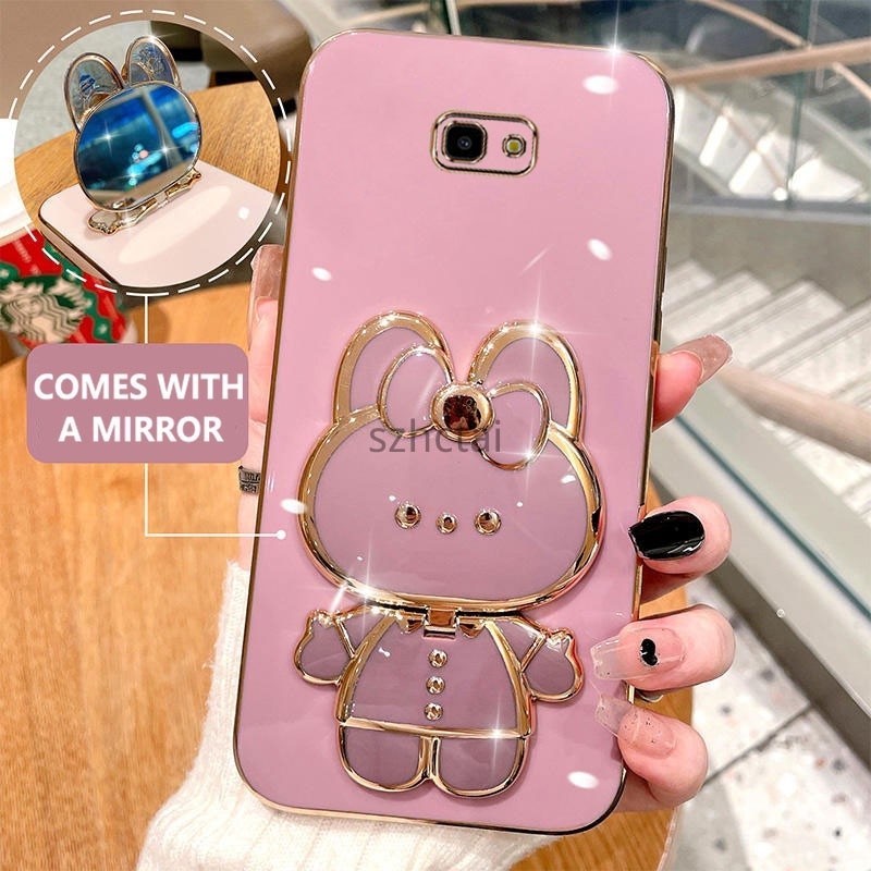 หรูหราชุบโทรศัพท์ C Samsung J7 Prime J4 Plus J4 Prime J5 Prime เคสโทรศัพท์รูปกระต่ายน่ารักหมุนได้ 360 องศาเคสพร้อมกระจกแต่งหน้า