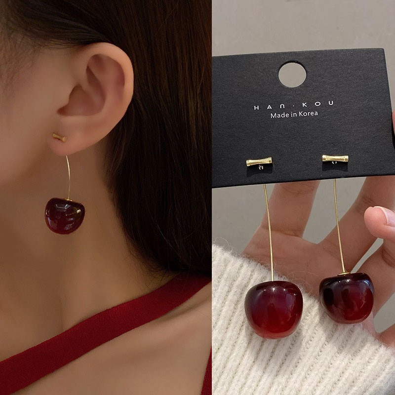 Sweet Girls 3D Cherry Ear line S925 ต ่ างหูเงินหู Studs อุปกรณ ์ เสริม
