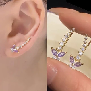 Niche Unique แถวเพชรผีเสื ้ อสีม ่ วงสไตล ์ ใหม ่ ประณีตแฟชั ่ นต ่ างหูบุคลิกภาพระดับไฮเอนด ์
