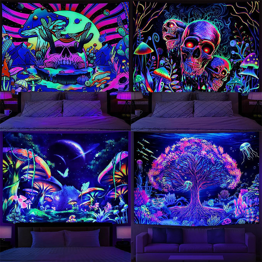 Psychedelic Skull เห ็ ด Mandala Tapestry แขวนผนัง Bohemian Gypsy Psychedelic Tapiz Witchcraft Tapestry