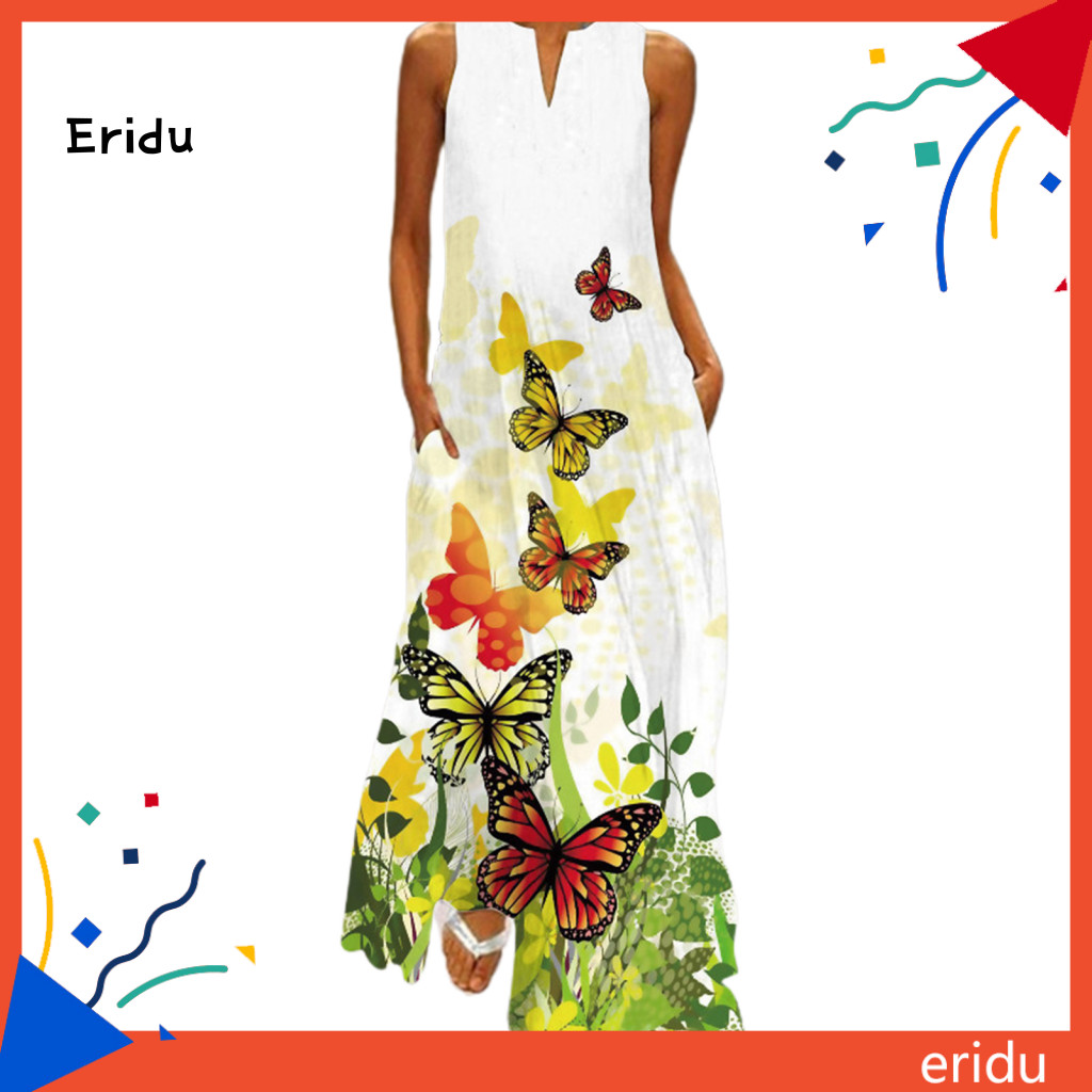[ER ] Maxi Dress พิมพ ์ กระโปรงคอวีแขนกุดผู ้ หญิงหรูหราสําหรับจัดเลี ้ ยง