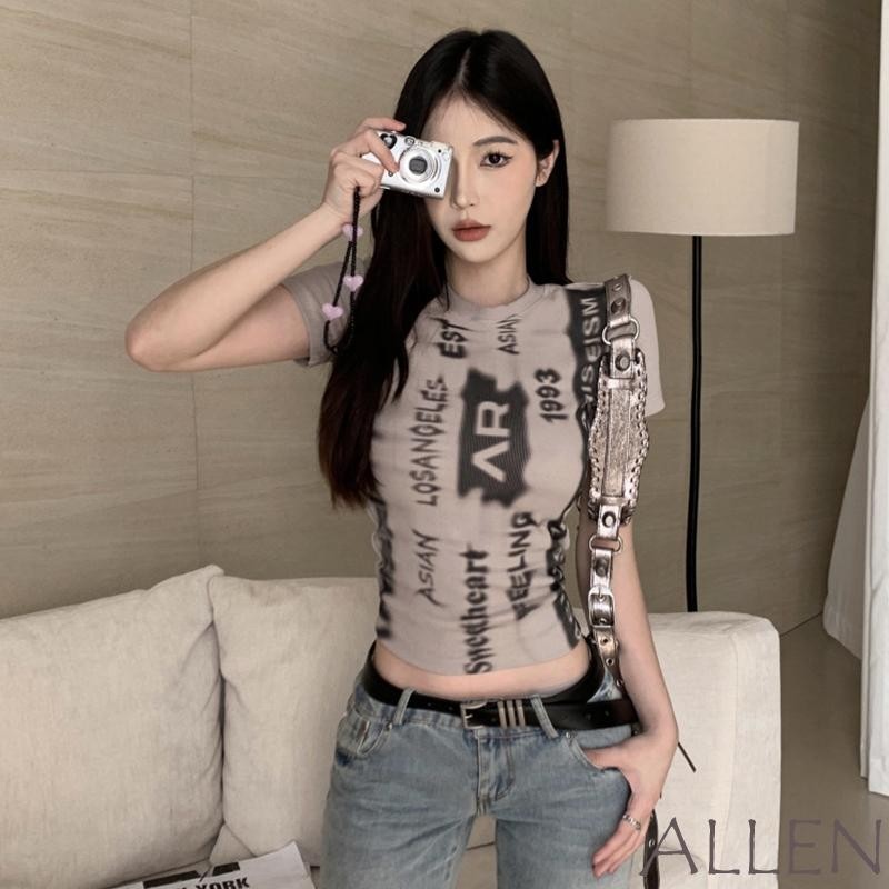 Allen-ผู้หญิงเสื้อยืด Ribbed Slim Letter พิมพ์รอบคอแขนสั้น Vintage Graphic Tops สําหรับฤดูร้อน