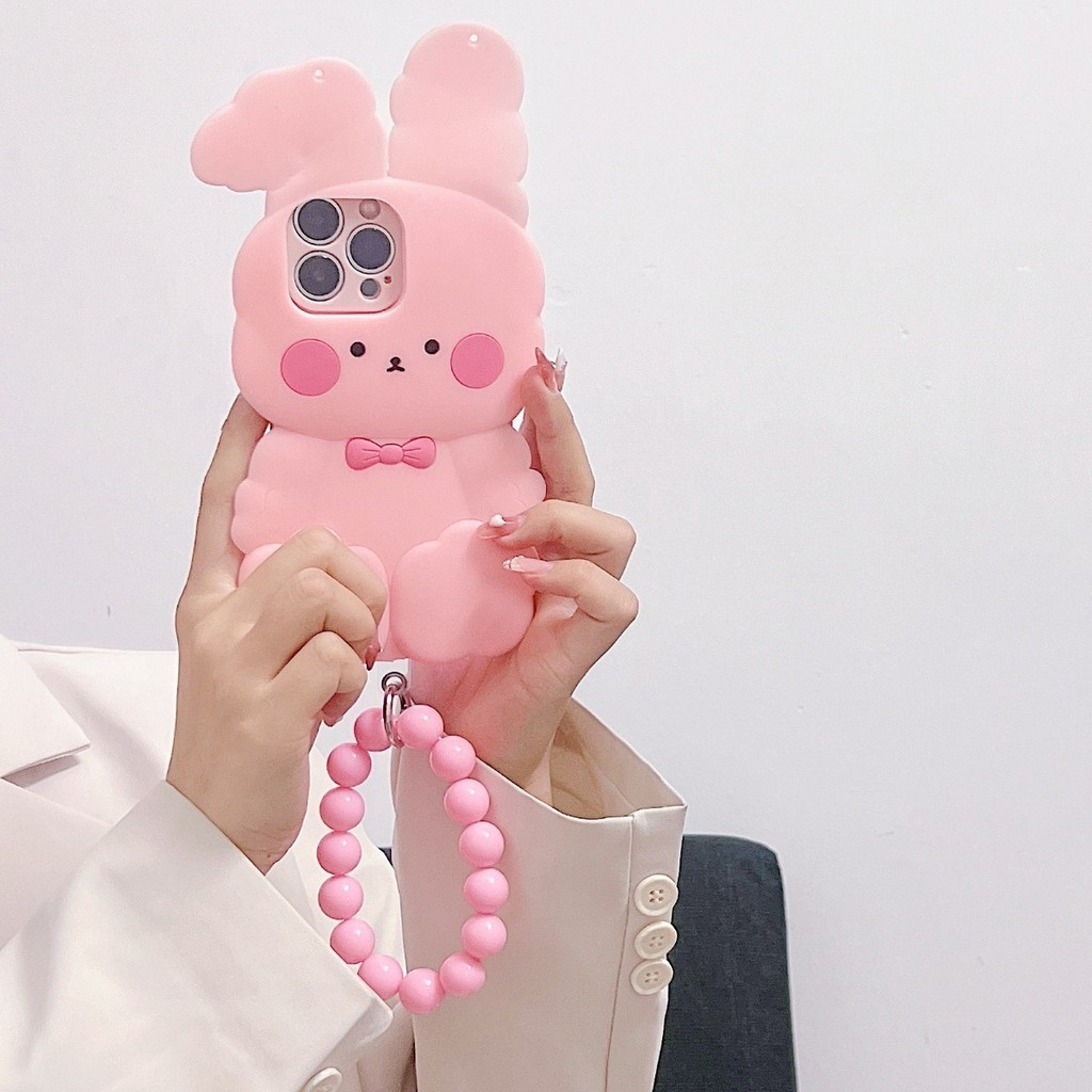 Realme C15 C12 C11 C21Y C25Y C21 C31 C30 C30S C35 C20 C53 C55 C33 C51 C17 C2 C3 น่ารักการ์ตูนกระต่ายสีชมพูรูปแบบซิลิโคน TPU วัสดุด้วยลูกปัดเคสโทรศัพท์