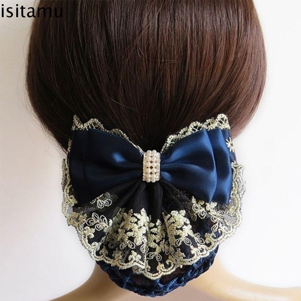 Isitaft Bow Hair Net ผู้หญิงซาตินดอกไม้ลูกไม้ Barrette Pearl เครื่องประดับผม Hairgrips