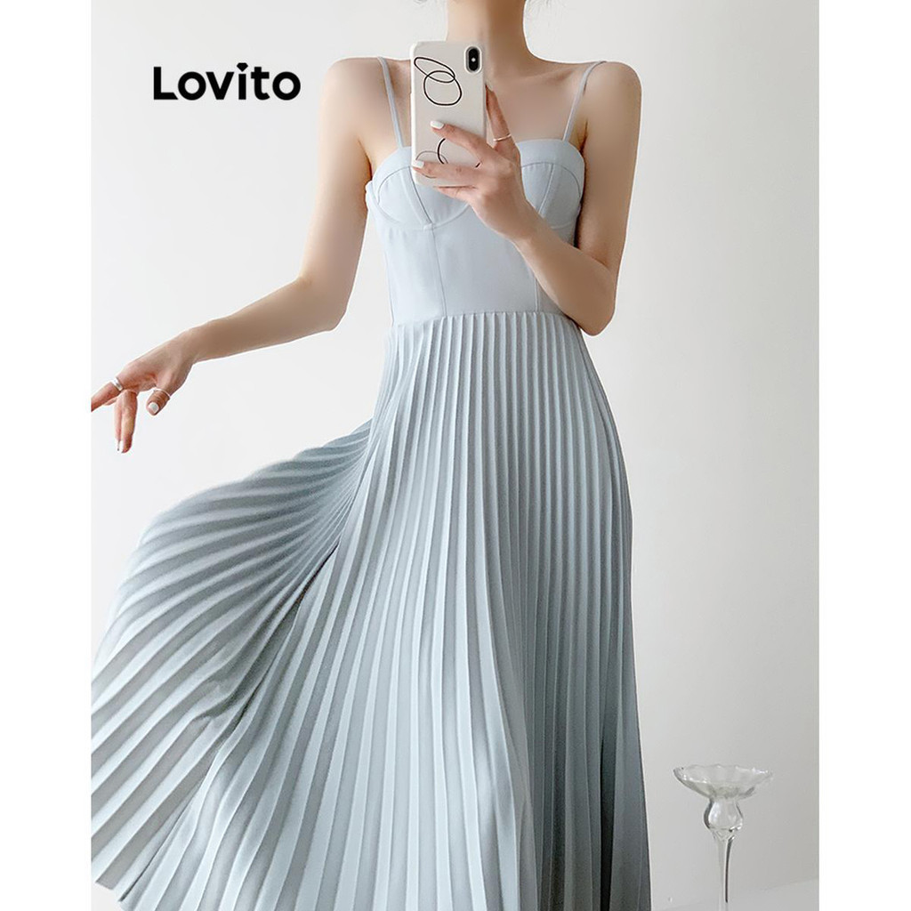 Lovito ชุดเดรสผู้หญิง เย็บตีเกล็ดหน้า แต่งจีบ สีพื้น สไตล์หรูหรา LNE53296