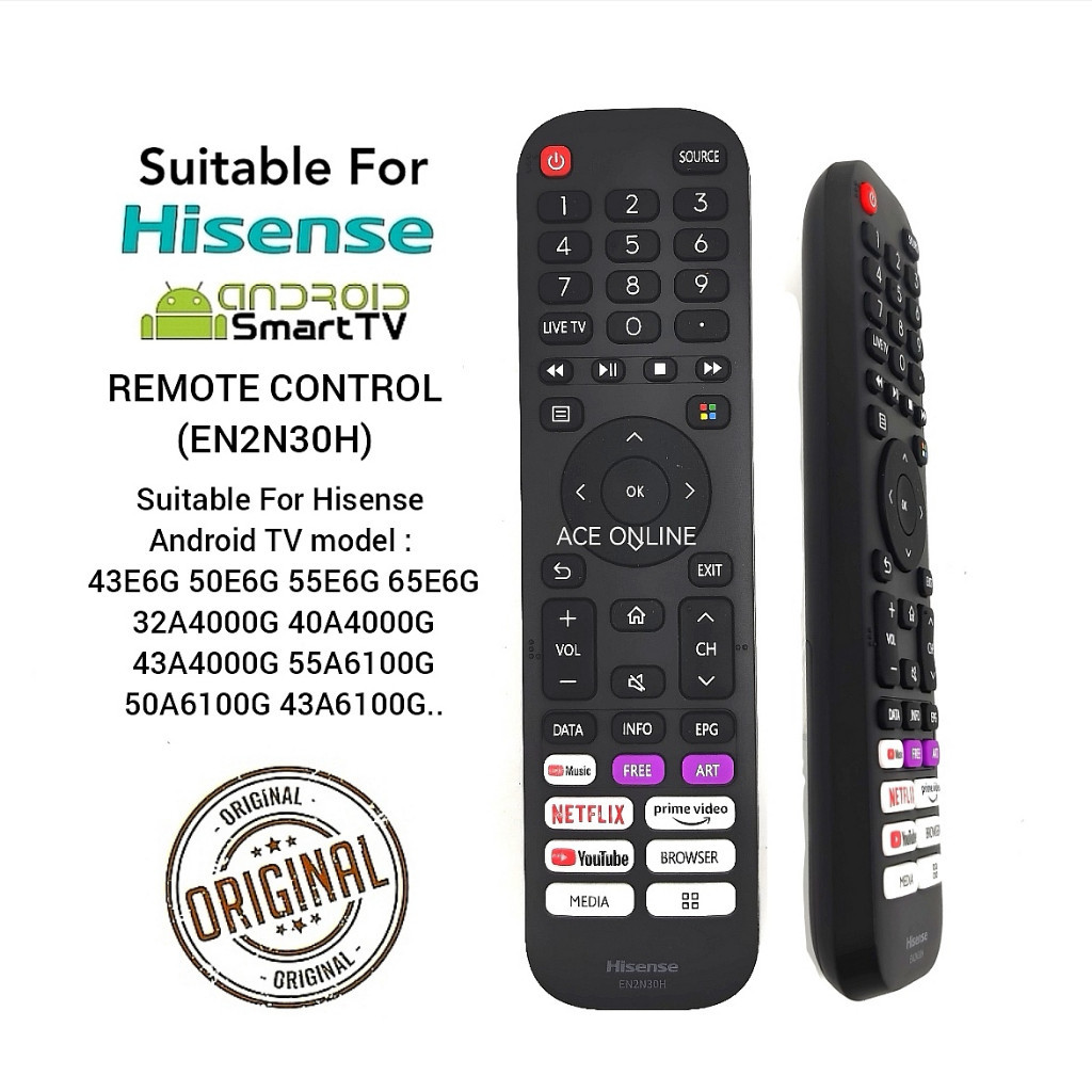 HISENSE ANDROID SMART TV รีโมทคอนโทรล EN2N30H เหมาะสําหรับ 43E6G 50E6G 55E6G 65E6G32A4000G 40A4000G 