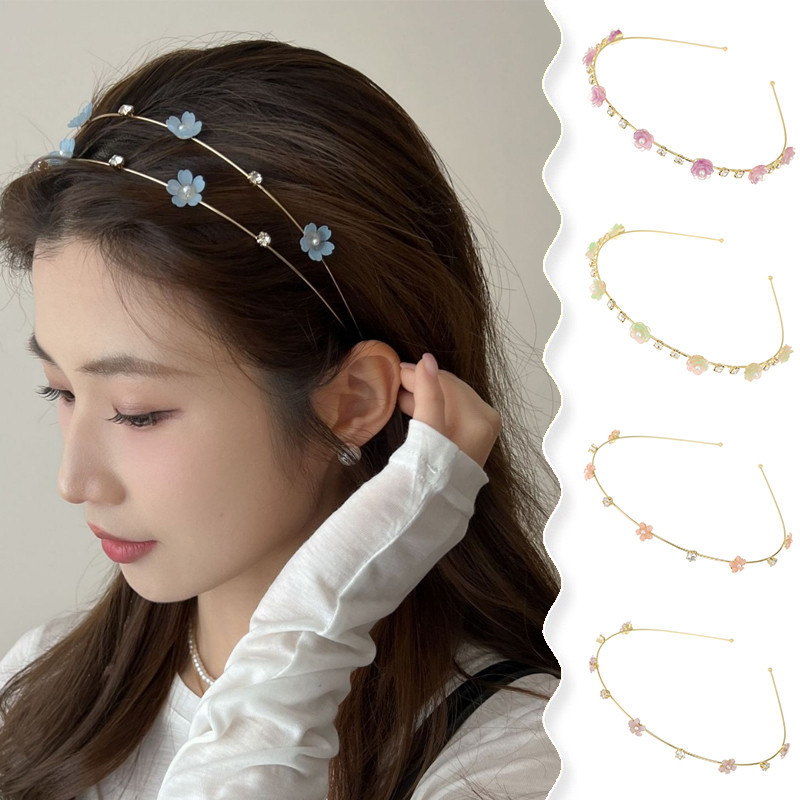 เวอร์ชั่นเกาหลีของอารมณ์โลหะผสมดอกไม้ Rhine-diamond Fine Hair Band สาวหวานทั้งหมด Go Out Pressure Hair Band เครื่องประดับผม