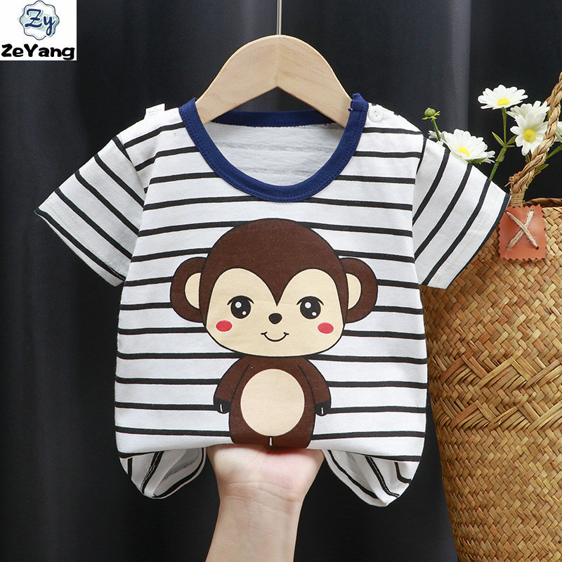 [ZY] 60-130 ซม.พร้อมสต็อกเด็กผ้าฝ้ายแท้แขนสั้นเสื้อยืดเสื้อยืดลําลองน่ารักพิมพ์เสื้อยืดรอบคอเสื้อยืดเด็กระบายอากาศ Bottoming เสื้อ Lo