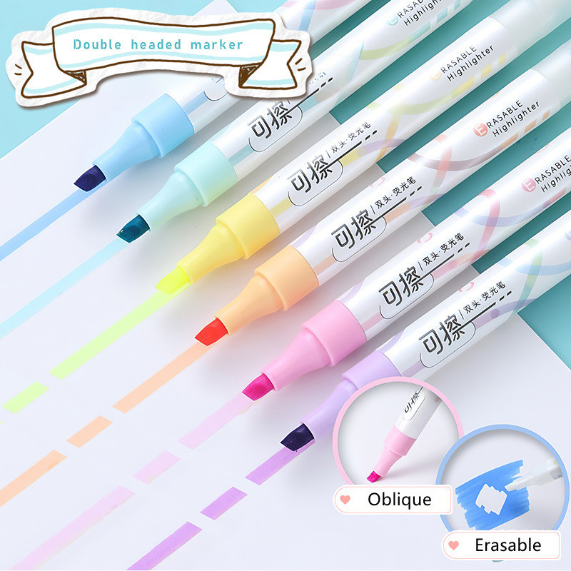 6 ชิ้น/เซ็ต Double Head Erasable Highlighter ปากกาเครื่องหมาย Chisel Tip Marker เรืองแสงโรงเรียนการเขียน Highlighters