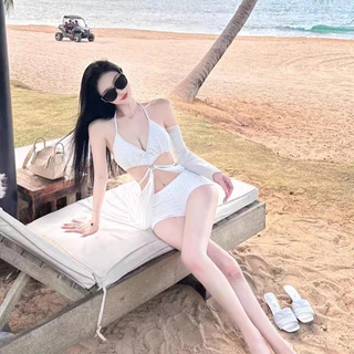 🤍ส่งไวจากไทย🖤 เซ็กซี่ ชุดว่ายน้ำบิกินี่ 2 ชิ้น บิกินี่พร้อมกระโปรงยาวซีทรุ กระโปรงบิกินี่ผ้าชีฟอง มีขาว กับ ดำ ชุด ผูกคอ โชว์หลัง ผ้าเนื้อดี
