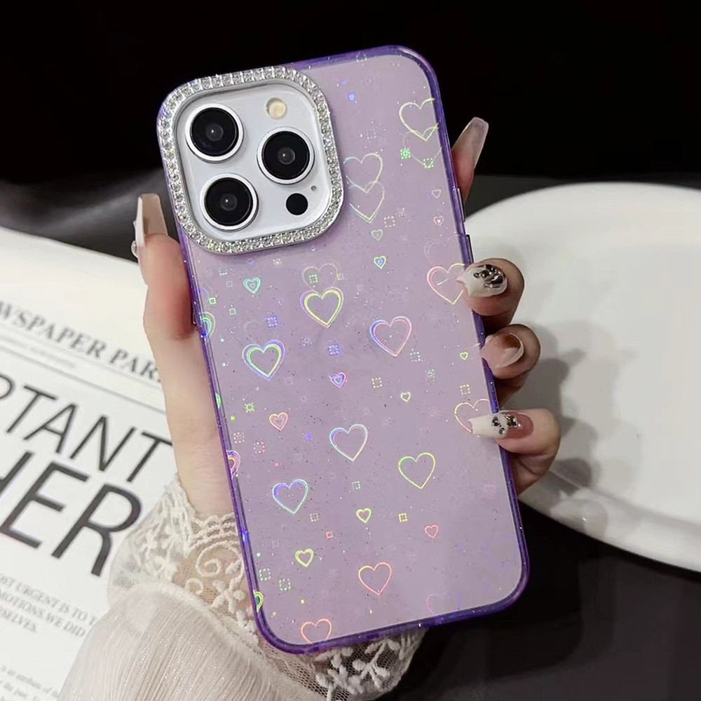 สีม่วงglitterเงาเลเซอร์love Heartเคสโทรศัพท์สําหรับiPhone 15ProMax 15Pro 15Plus 14 13 12 11ProMaxคลุมทั้งหมดกันกระแทกป้องกันอะคริลิค