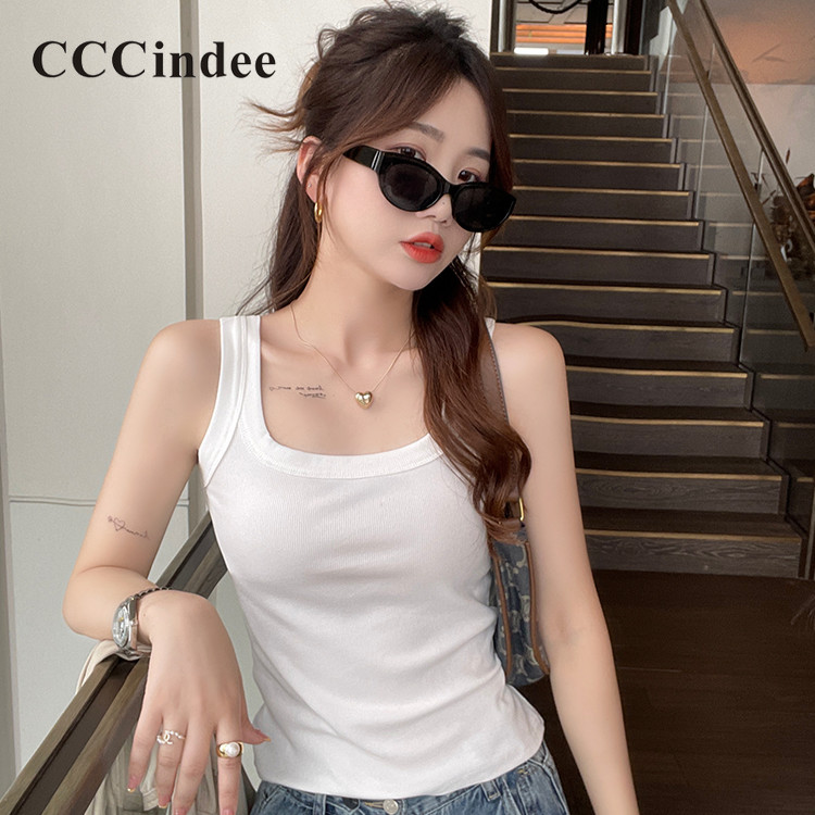 Cccindee Womens 2024 แฟชั่นใหม่ Simple Halter Sleeved Crop Navel Casual Slim Cushion Tank Top