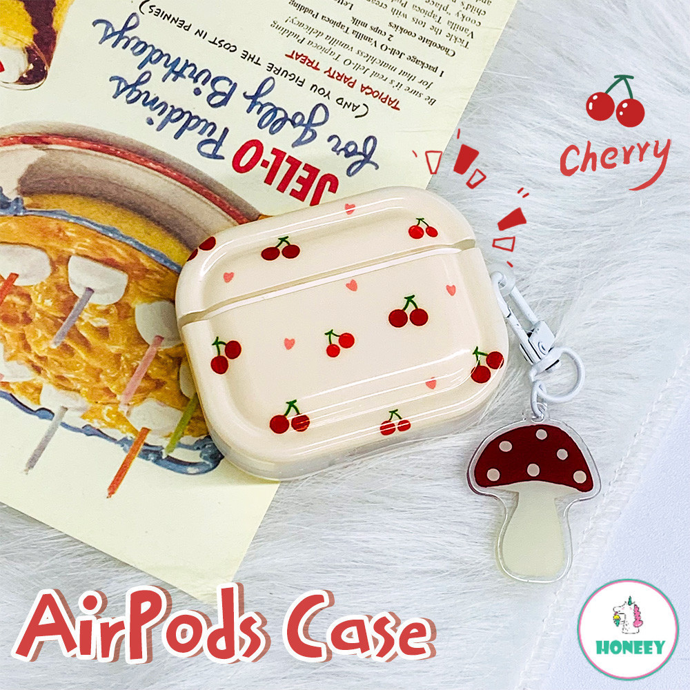Ins แฟชั่นสีแดงเชอร์รี่หูฟังกรณีเห็ด Charm พวงกุญแจสําหรับ Airpods 1 2 3 Airpod Pro 2 หูฟังไร้สายบลูทูธ Hard Anti-drop ชุดหูฟังฝาครอบป้องกัน