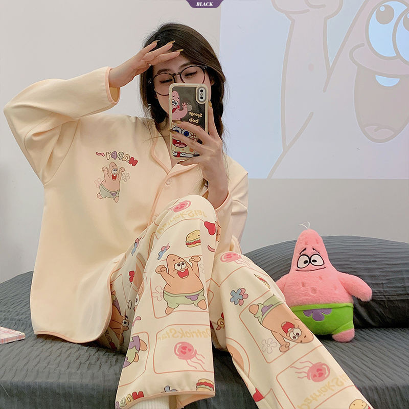 2025 ชุดนอนคาร์ดิแกน Patrick Star ใหม่ชุดกางเกงขายาวผู้หญิงแขนยาวบางส่วนของชุดน่ารัก [BL]