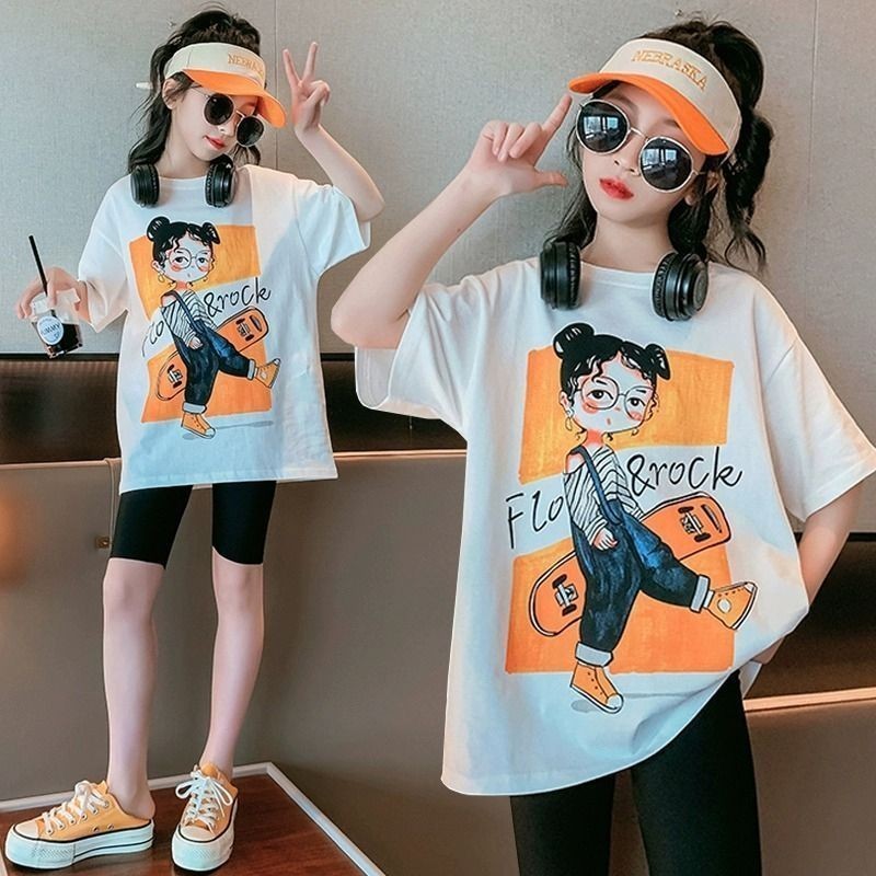 Tiger Kids T-shirt ผ้าฝ้ายแขนสั้นหลวมพิมพ์เสื้อยืดแฟชั่นเด็กโตสวมหวาน ที รอบคอวัยรุ่นด้านบน