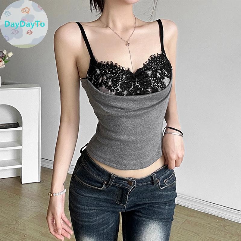 Daydayto ผู้หญิงลูกไม้ Patchwork Camisole สปาเก็ตตี้แขนกุดเซ็กซี่ฤดูร้อน Tops TH