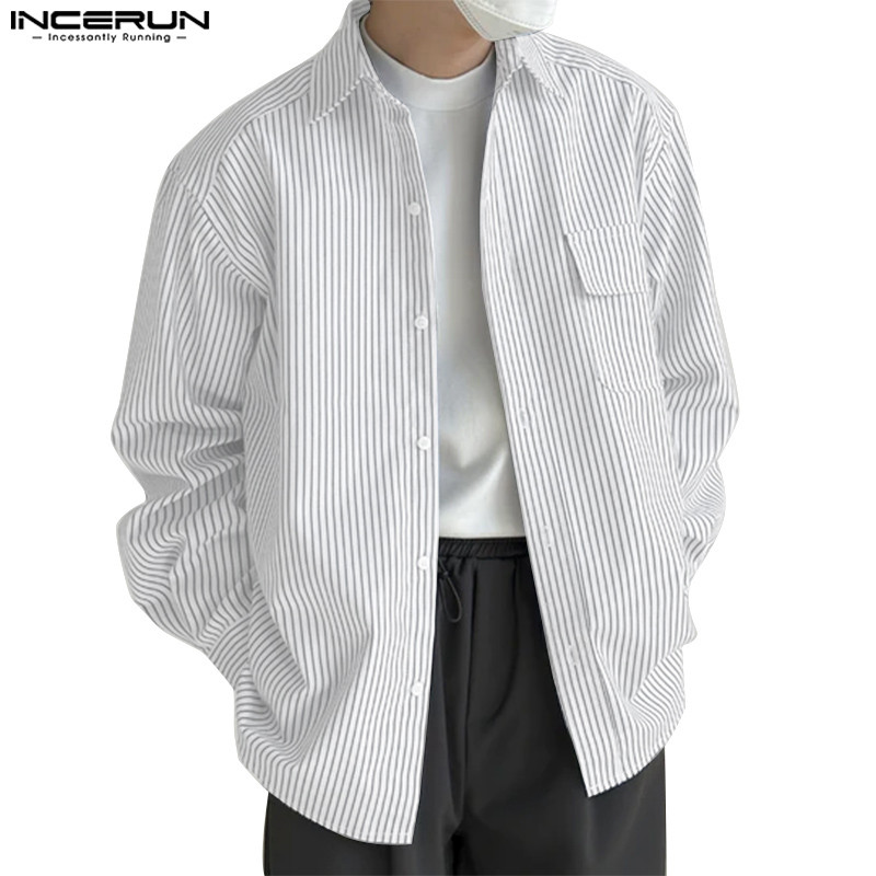 Incerun ผู้ชายเกาหลี Commute Casual Turn-Down-Collar เสื้อแขนยาวลายทาง ราคา ถูกที่สุด ดีลบีเคเค