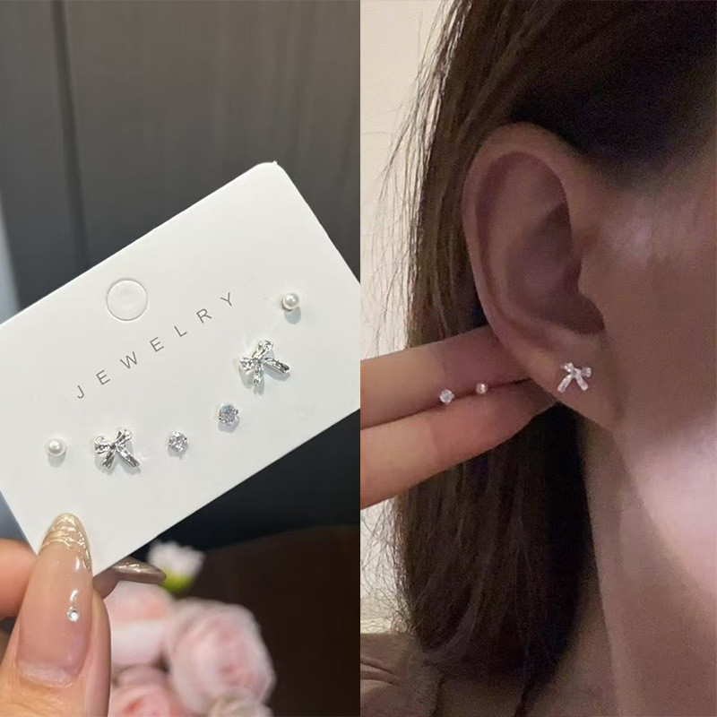 2025 ชุดหกชิ้นโบว์มุกเพทายต่างหูต่างหูระดับไฮเอนด์