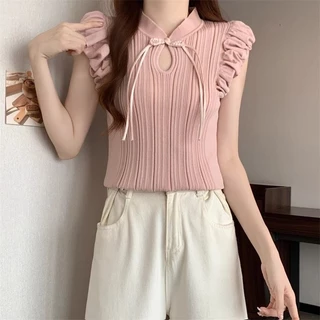 📣Mystyle.99📣เสื้อยืดไหมพรมสไตล์จีน สีพื้น แฟชั่นสําหรับผู้หญิง #B42