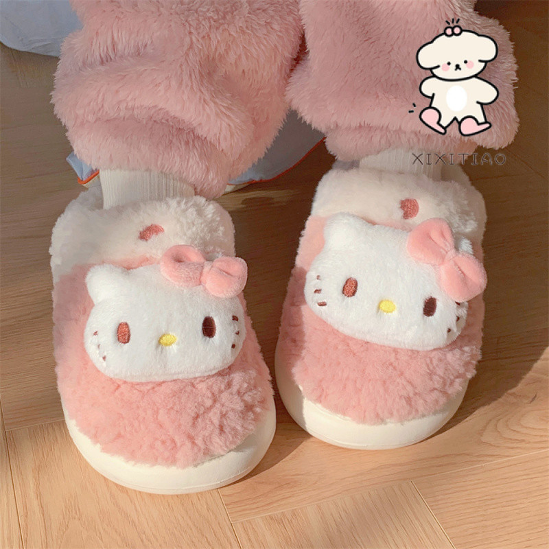 Xitiao Sanrio Hello Kitty รองเท้าแตะผ้าฝ้ายอุ่นตุ๊กตานักเรียนหญิงบ้านห้องนอนนุ่มสบายแต่เพียงผู้เดียว