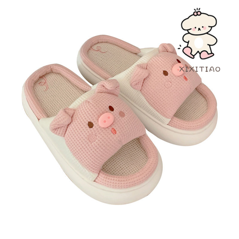Xixitiao Four Seasons Universal Soft หนา-Soled รองเท้าแตะผ้าลินินน่ารัก Piggy Home รองเท้าแตะ