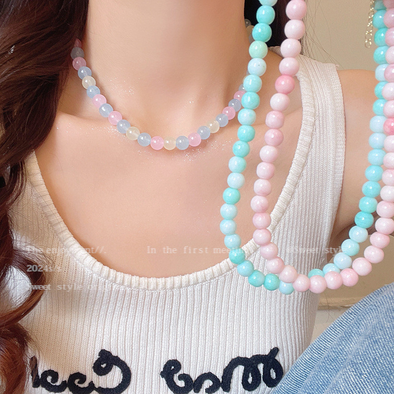 สร้อยคอลูกปัดสี Dopamine สําหรับผู้หญิงลมโซ่กระดูกไหปลาร้าสาวหวานอารมณ์เครื่องเทศสาว