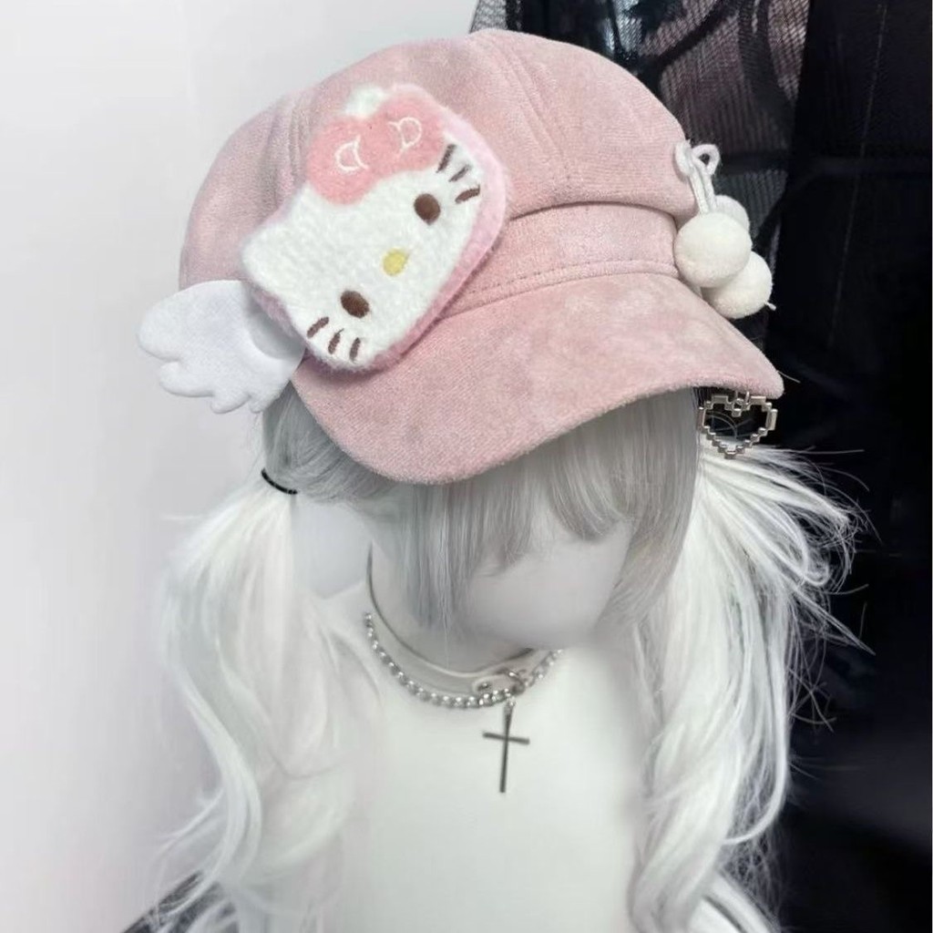 Y2K H ello K Itty ผู้หญิงหมวกฮาราจูกุโกธิคโลลิต้าหมวกเบเร่ต์หมวกการ์ตูน Sanrio พังก์ฮิปฮอป gorras เผ็ดสาวแปดเหลี่ยม