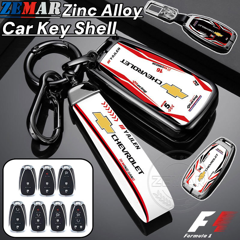 Chevrolet สไตล์รถแข่ง ฝาครอบกุญแจโลหะผสมสังกะสี เคสป้องกันสมาร์ทคีย์ เคสกุญแจรถยนต์ พวงกุญแจรถยนต์ พวงกุญแจ อุปกรณ์เสริมรถยนต์ Chevrolet Cruze Sonic Captiva Trailblazer Colorado