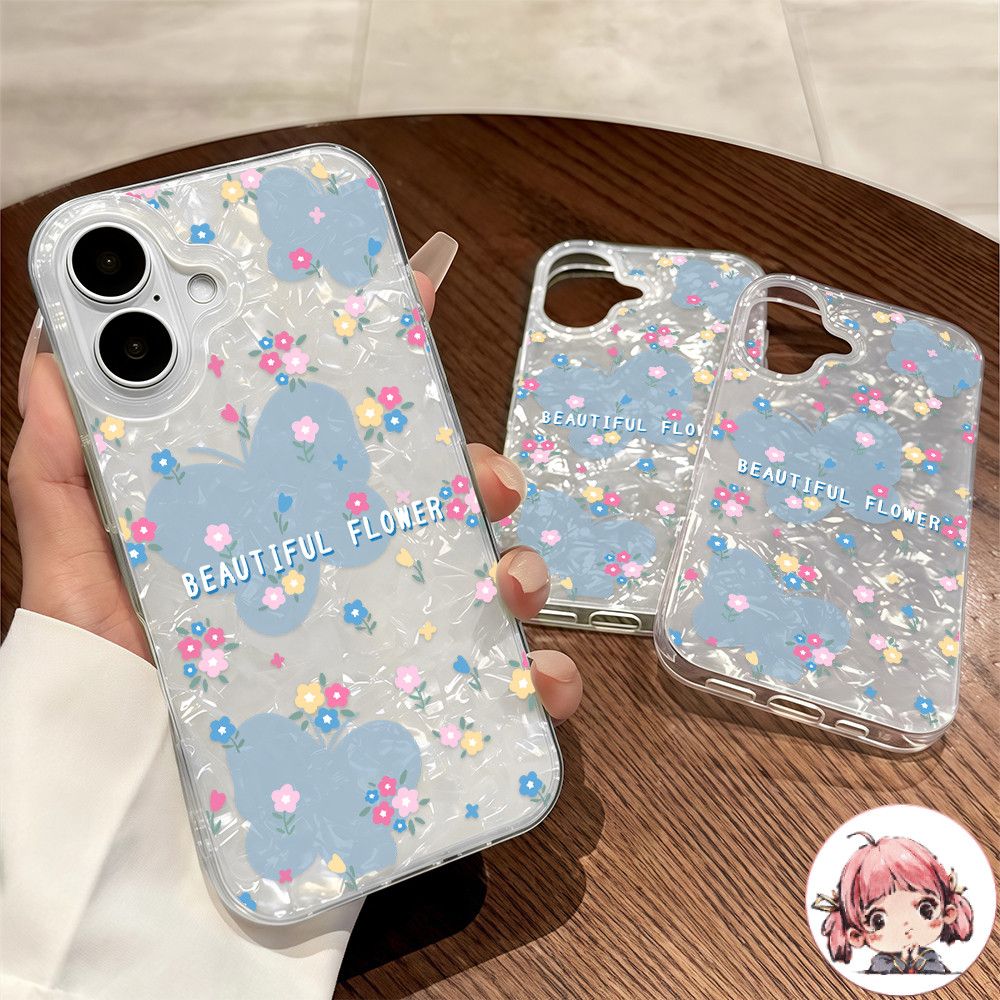 GOOD โบว์ใหญ่สีฟ้าและดอกไม้ ใช้ได้กับเคส iPhone12 13 14 15 16 Pro MAX PLUS XXS XR XS 6p 7p 8pP6/7/8/SE2/SE3lus SE2020