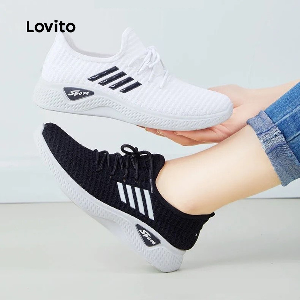 Lovito ลําลองธรรมดาบินทอรองเท้าอเนกประสงค์พื้นผิวตาข่ายระบายอากาศด้านล่างนุ่มรองเท้าผ้าใบแสงสําหรับผู้หญิง  LFA65228