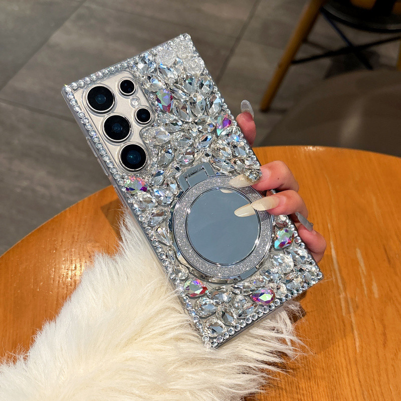 เคสสร้อยข้อมือแบบแม่เหล็กประดับเพชรแวววาวหรูหราสำหรับ Samsung S25 Ultra Plus S24 S23 S22 Ultra S24 S23 FE S20 S21 Ultra สำหรับผู้หญิง