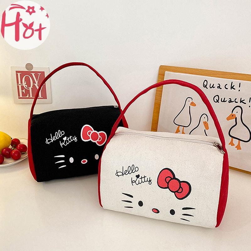 Ge อะนิเมะ Sanrio กระเป๋าถือผ้าใบ Kawaii Hello Kitty กระเป๋าแต่งหน้าการ์ตูนแบบพกพาขนาดใหญ่ความจุกระเป๋าเก็บเครื่องสําอางสาวของขวัญสแควร์