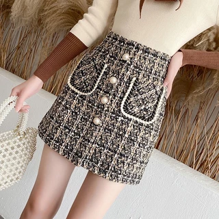 suysuy พร้อมส่ง กระโปรงสั้นไหมพรมเอวสูง S-5XL ผ้าทวิส ชุดกระโปรงผู้หญิงแฟชั่นเกาหลี กระโปรงทำงานทรงเอมีซับใน