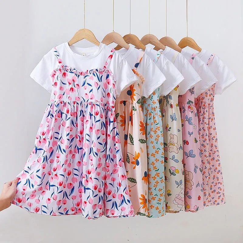110-160 ชุดเดรสเสื้อยืดเด็กผู้หญิง Floral Two-in-One