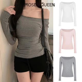 MOESSQUEEN มอสส์ ราชินี เสื้อยืดแขนยาวเปิดไหล่สีเทาบริสุทธิ์สําหรับผู้หญิงในช่วงต้นฤดูใบไม้ร่วงสาวฮอตไหล่เดียวขอบหูไม้เสื้อ จุดต่ําสุด ด้านบน #62818