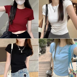 จัดส่งจากกรุงเทพ เสื้อยืดแขนสั้น เสื้อยืดสีขาวผู้หญิง แขนสั้นรอบคอ สีพื้น ดูผอมลงเสื้อยืดฝ้ายขาว นุ่ม Clothing Tshirt