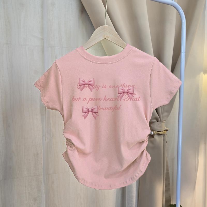 เสื้อยืดสวยมีหลายไซส์ให้เลือกเสื้อครอปเอวสูงพิมพ์ลายโบว์เฉพาะเสื้อครอปมีรอยยับด้านข้างสาวฮอตสาวเสื้อรัดรูปผู้หญิงแฟชั่นต – โปรปัง
