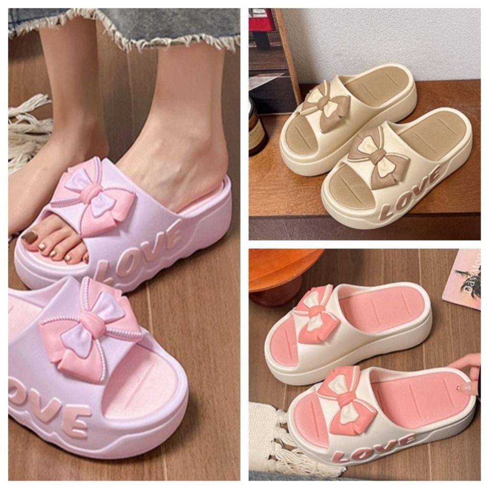 SPARKLEEDGE Flip Flops รองเท้าแตะ, Candy Color Bowknot Flats รองเท้าแตะ, All Match หนา Soled Beachwear รองเท้า Anti Slip Platform รองเท้าแตะผู้หญิงในร่มกลางแจ้ง