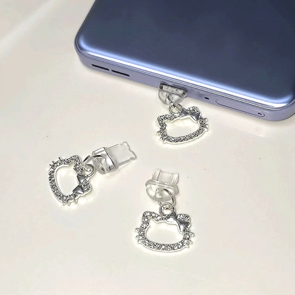 แฟชั่นคริสตัล Hello Kitty โทรศัพท์มือถือพร้อมพอร์ตชาร์จรูปลั๊กฝุ่นสากล Type-C โทรศัพท์จี้เครื่องประดับของขวัญ