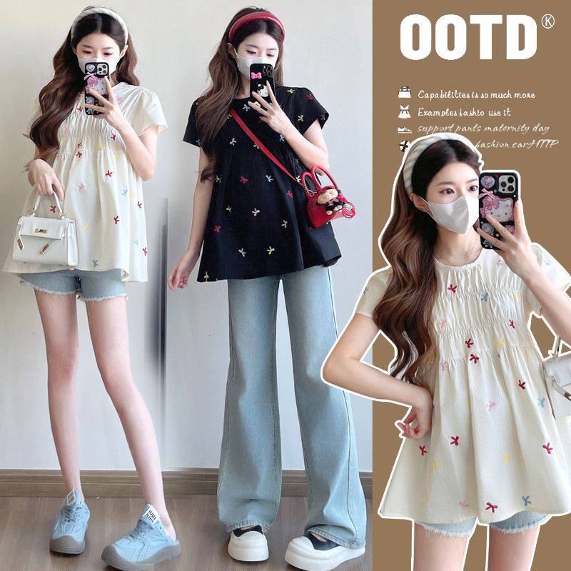 ชุดคลุมท้องฤดูร้อนใหม่ที่มีสีสันปักโบว์เสื้อทารกแขนสั้นด้านบน