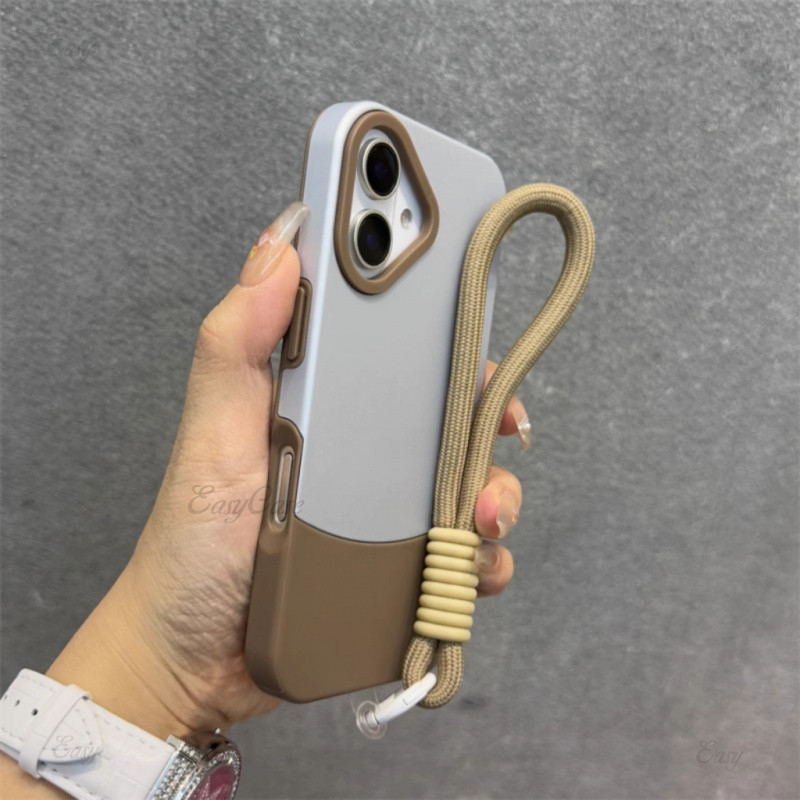 2-in-1 Luxury Case Contrast Design Matte Feel เคสโทรศัพท์ PC Hard Case พร้อม Lanyard สําหรับ iPhone 16 15 14 13 Pro Max Case