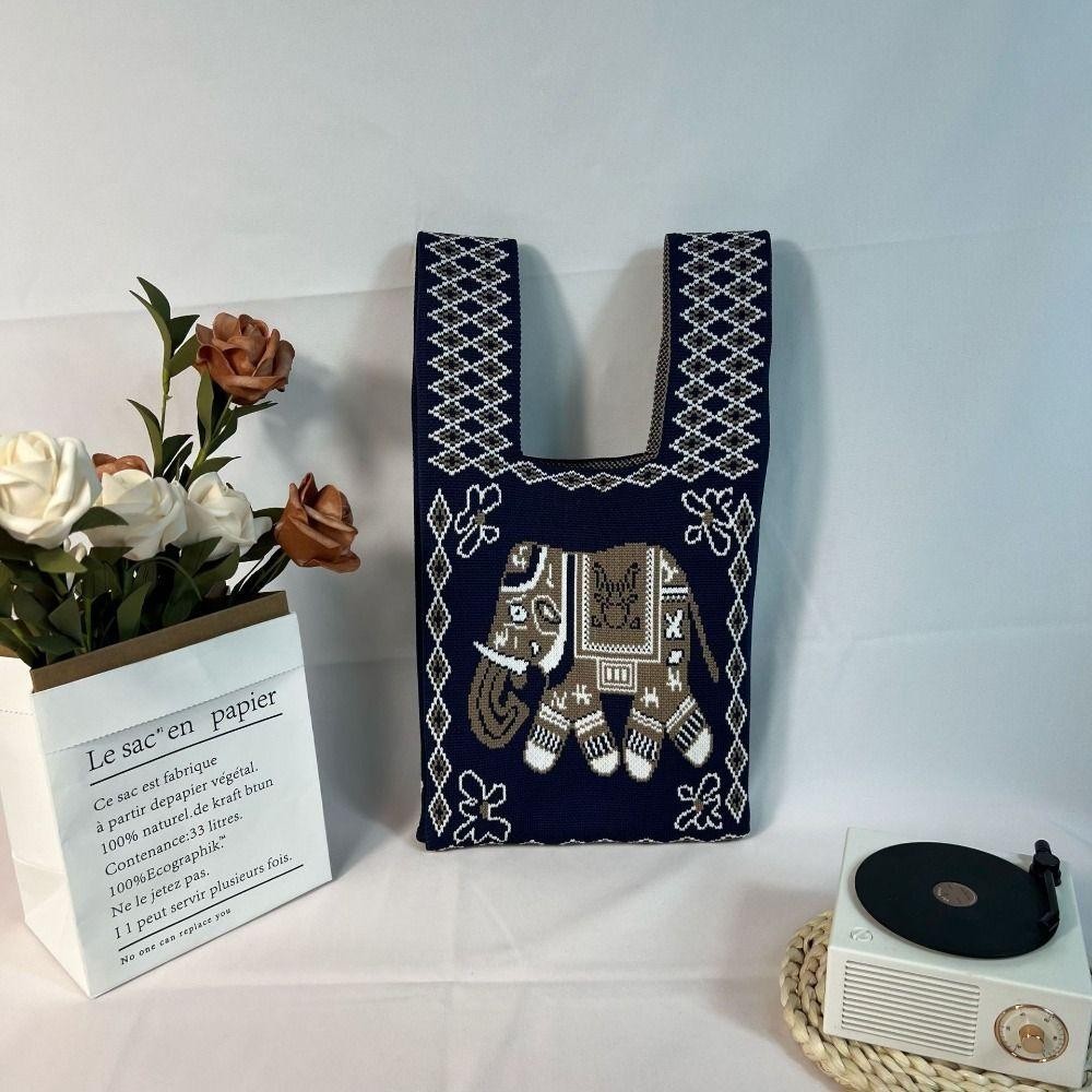 HOBBYIN กระเป๋าช้อปปิ้ง ผ้าถัก ทรงโท้ท แฮนด์เมด ขนาดใหญ่ ลายการ์ตูนช้าง สไตล์ชนเผ่า สําหรับผู้หญิง - รูปที่ 4