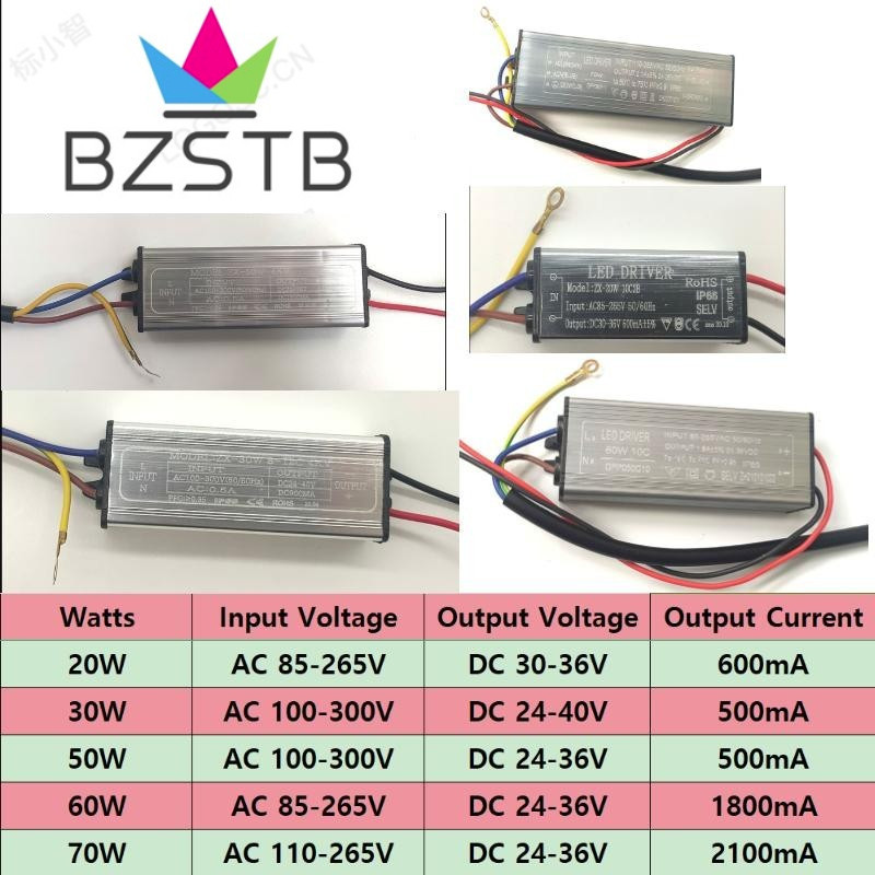 Bzstb พาวเวอร์ซัพพลายบัลลาสต์ไฟ LED 20W 30W 50W 60W 70W แรงดันไฟฟ้ากว้าง