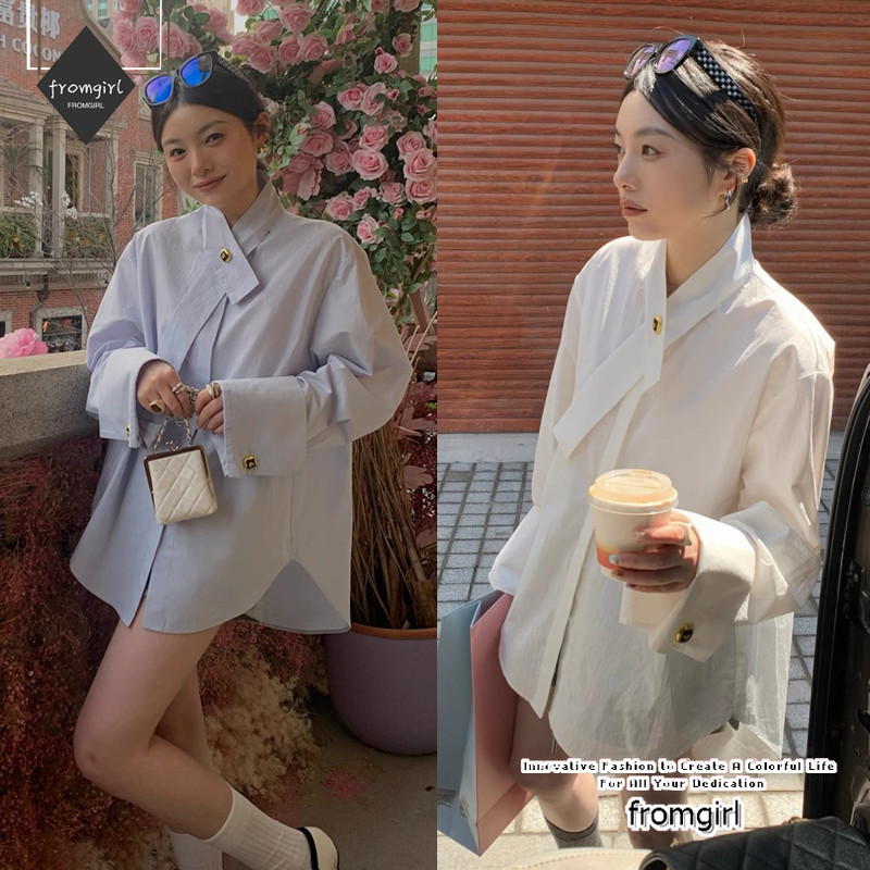 เสื้อเชิ้ตแขนยาว กระดุมแถวเดียว สีพื้น เข้ากับทุกการแต่งกาย สไตล์เกาหลี
