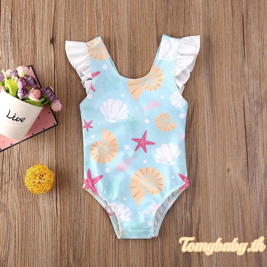 Tomybaby- ชุดว่ายน้ําวันพีช แขนกุด พิมพ์ลายปลาดาว ประดับโบว์ เปิดหลัง น่ารัก ชายหาด ฤดูร้อน สําหรับเด็กผู้หญิง