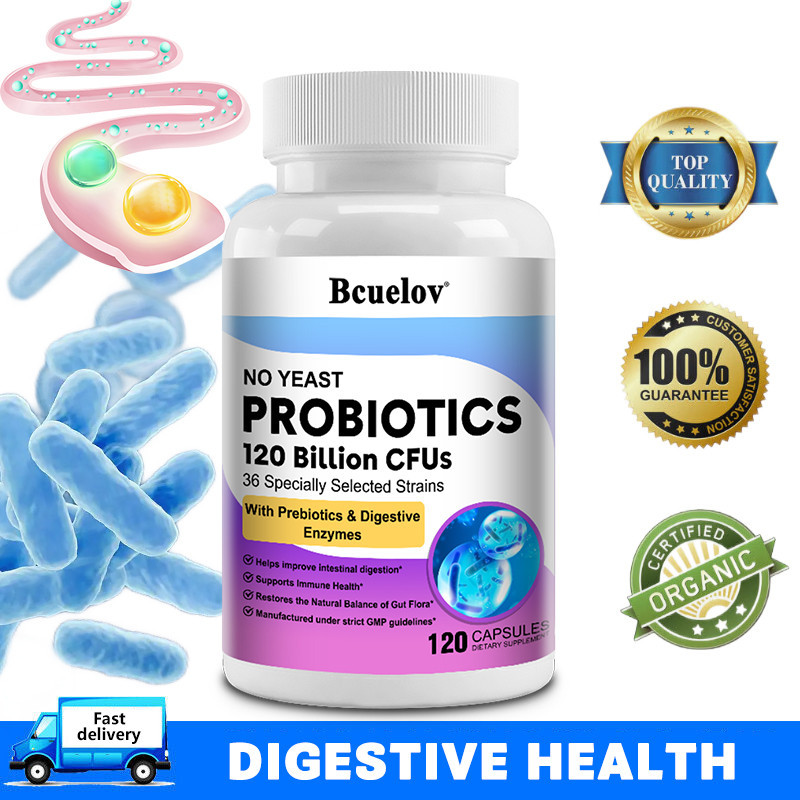 Probiotics 120 Billion CFU ช่วยย่อยอาหารและภูมิคุ้มกัน ป้องกันอาการท้องผูกและท้องอืดเป็นครั้งคราว 120 แคปซูล