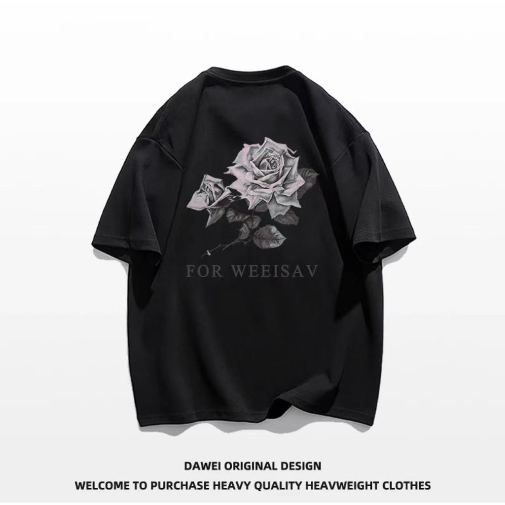 Basi เสื้อยืด Oversize คอกลมแขนสั้น ลายกุหลาบวินเทจFOR WEEISAV ผ้าคอตตอน100% ย้วยยาก แนวสตรีท วัยรุ่น ขาว ดำ