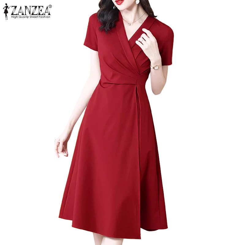 Zanzea Celmia ผู ้ หญิง Elegant V คอจีบแขนสั ้ นเดรส