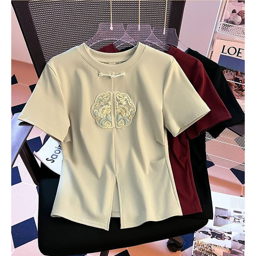 เสื้อยืดแขนสั้น ปักลาย ขนาดใหญ่ สไตล์จีน แฟชั่นสําหรับสตรี 2024